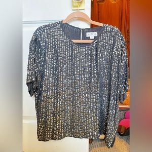 Velvet light gray/blue with silver sequins. Size Large